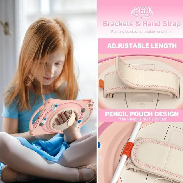 Alt view image 3 of 7 - Cute Case for iPad 6th 5th Generation 9.7 inch 2018 2017, iPad Air 2, Air 1, iPad Pro 9.7, Shockproof Silicone Astronaut Cover with Stand Shoulder Strap, Handle Grip, Pencil Holder Pink