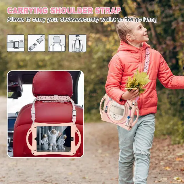 Alt view image 6 of 7 - Cute Case for iPad 6th 5th Generation 9.7 inch 2018 2017, iPad Air 2, Air 1, iPad Pro 9.7, Shockproof Silicone Astronaut Cover with Stand Shoulder Strap, Handle Grip, Pencil Holder Pink