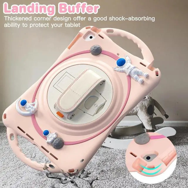 Alt view image 2 of 7 - Cute Case for iPad 6th 5th Generation 9.7 inch 2018 2017, iPad Air 2, Air 1, iPad Pro 9.7, Shockproof Silicone Astronaut Cover with Stand Shoulder Strap, Handle Grip, Pencil Holder Pink