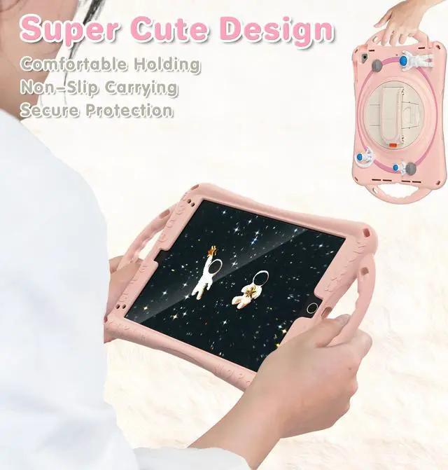Alt view image 5 of 7 - Cute Case for iPad 6th 5th Generation 9.7 inch 2018 2017, iPad Air 2, Air 1, iPad Pro 9.7, Shockproof Silicone Astronaut Cover with Stand Shoulder Strap, Handle Grip, Pencil Holder Pink