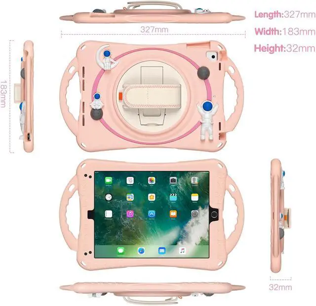 Alt view image 7 of 7 - Cute Case for iPad 6th 5th Generation 9.7 inch 2018 2017, iPad Air 2, Air 1, iPad Pro 9.7, Shockproof Silicone Astronaut Cover with Stand Shoulder Strap, Handle Grip, Pencil Holder Pink