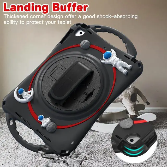 Alt view image 5 of 7 - Cute Case for iPad 6th 5th Generation 9.7 inch 2018 2017, iPad Air 2, Air 1, iPad Pro 9.7, Shockproof Silicone Astronaut Cover with Stand Shoulder Strap, Handle Grip, Pencil Holder