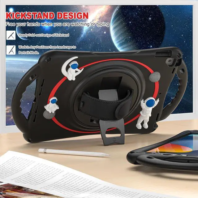 Alt view image 3 of 7 - Cute Case for iPad 9th 8th 7th Generation 10.2", Shockproof Silicone Astronaut Cover with Stand, Shoulder Strap, Handle Grip, Pencil Holder for iPad 10.2 Inch 2021 2020 2019,iPad Pro 10.5, Air 3