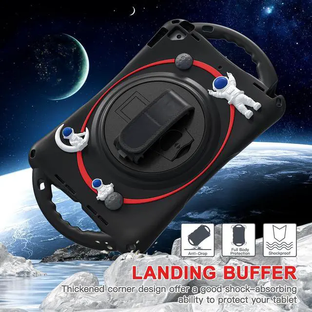 Alt view image 2 of 7 - Cute Case for iPad 9th 8th 7th Generation 10.2", Shockproof Silicone Astronaut Cover with Stand, Shoulder Strap, Handle Grip, Pencil Holder for iPad 10.2 Inch 2021 2020 2019,iPad Pro 10.5, Air 3