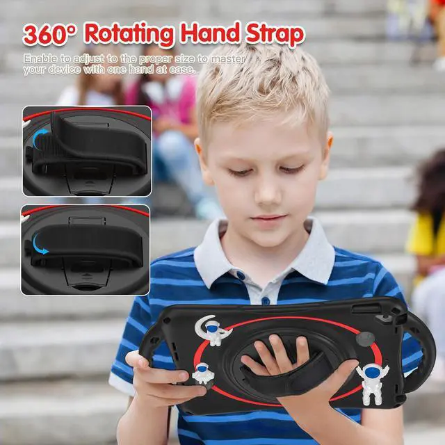 Alt view image 4 of 7 - Cute Case for iPad 9th 8th 7th Generation 10.2", Shockproof Silicone Astronaut Cover with Stand, Shoulder Strap, Handle Grip, Pencil Holder for iPad 10.2 Inch 2021 2020 2019,iPad Pro 10.5, Air 3