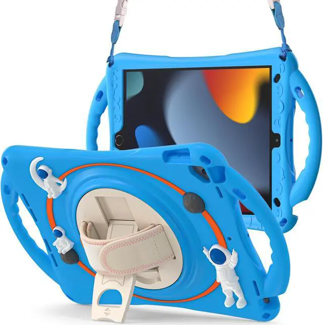 Main image of Cute Case for iPad 9th 8th 7th Generation 10.2", Shockproof Silicone Astronaut Cover with Stand, Shoulder Strap, Handle Grip, Pencil Holder for iPad 10.2 Inch 2021 2020 2019,iPad Pro 10.5, Air 3 Blue