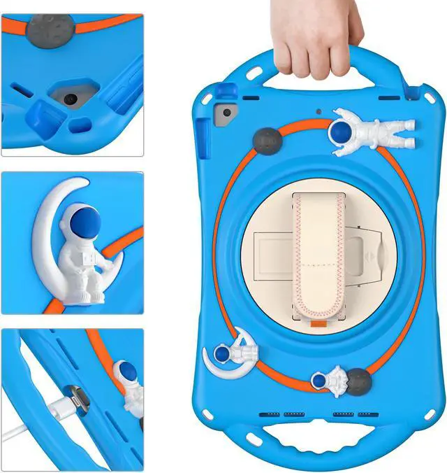 Alt view image 4 of 7 - Cute Case for iPad 9th 8th 7th Generation 10.2", Shockproof Silicone Astronaut Cover with Stand, Shoulder Strap, Handle Grip, Pencil Holder for iPad 10.2 Inch 2021 2020 2019,iPad Pro 10.5, Air 3 Blue