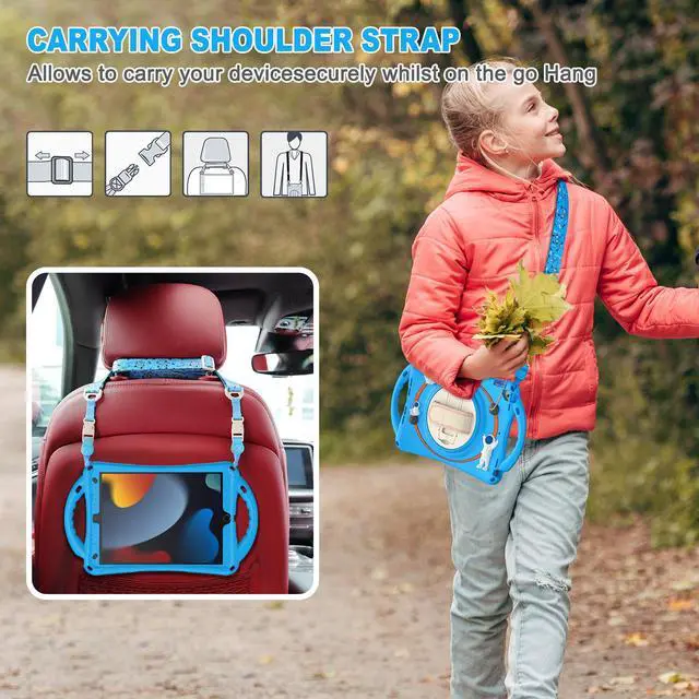 Alt view image 7 of 7 - Cute Case for iPad 9th 8th 7th Generation 10.2", Shockproof Silicone Astronaut Cover with Stand, Shoulder Strap, Handle Grip, Pencil Holder for iPad 10.2 Inch 2021 2020 2019,iPad Pro 10.5, Air 3 Blue