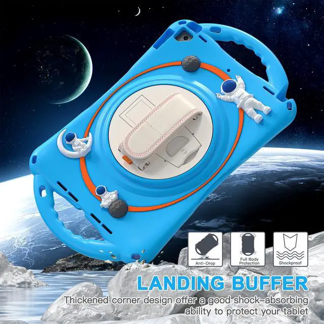 Alt view image 3 of 7 - Cute Case for iPad 9th 8th 7th Generation 10.2", Shockproof Silicone Astronaut Cover with Stand, Shoulder Strap, Handle Grip, Pencil Holder for iPad 10.2 Inch 2021 2020 2019,iPad Pro 10.5, Air 3 Blue