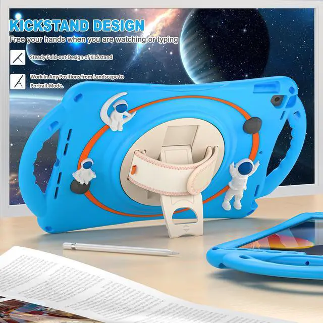 Alt view image 5 of 7 - Cute Case for iPad 9th 8th 7th Generation 10.2", Shockproof Silicone Astronaut Cover with Stand, Shoulder Strap, Handle Grip, Pencil Holder for iPad 10.2 Inch 2021 2020 2019,iPad Pro 10.5, Air 3 Blue