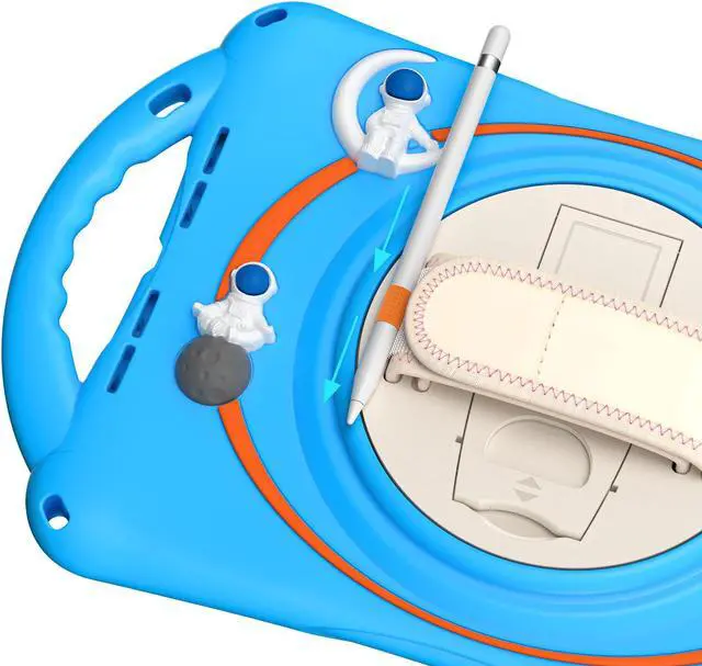 Alt view image 6 of 7 - Cute Case for iPad 9th 8th 7th Generation 10.2", Shockproof Silicone Astronaut Cover with Stand, Shoulder Strap, Handle Grip, Pencil Holder for iPad 10.2 Inch 2021 2020 2019,iPad Pro 10.5, Air 3 Blue