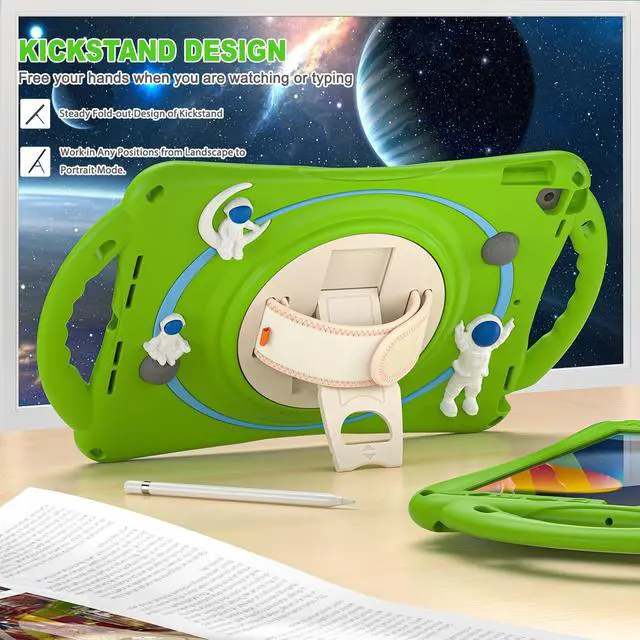 Alt view image 6 of 7 - Cute Case for iPad 9th 8th 7th Generation 10.2", Shockproof Silicone Astronaut Cover with Stand, Shoulder Strap, Handle Grip, Pencil Holder for iPad 10.2 Inch 2021 2020 2019,iPad Pro 10.5, Air 3 Green