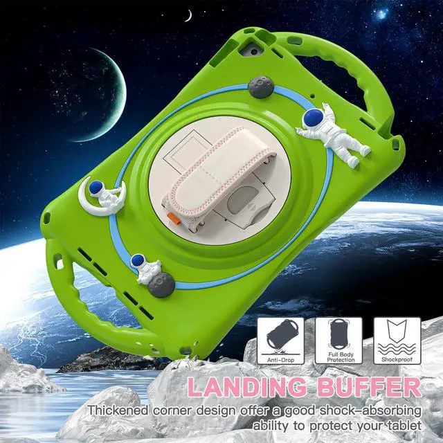 Alt view image 4 of 7 - Cute Case for iPad 9th 8th 7th Generation 10.2", Shockproof Silicone Astronaut Cover with Stand, Shoulder Strap, Handle Grip, Pencil Holder for iPad 10.2 Inch 2021 2020 2019,iPad Pro 10.5, Air 3 Green