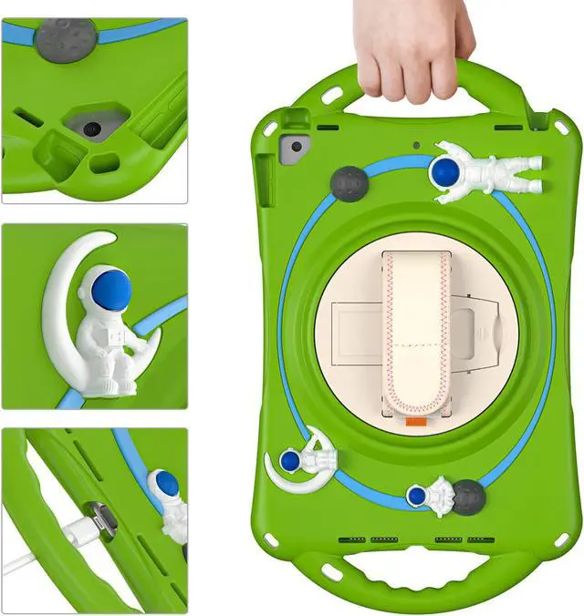 Alt view image 3 of 7 - Cute Case for iPad 9th 8th 7th Generation 10.2", Shockproof Silicone Astronaut Cover with Stand, Shoulder Strap, Handle Grip, Pencil Holder for iPad 10.2 Inch 2021 2020 2019,iPad Pro 10.5, Air 3 Green
