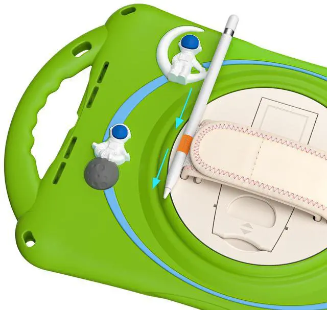 Alt view image 5 of 7 - Cute Case for iPad 9th 8th 7th Generation 10.2", Shockproof Silicone Astronaut Cover with Stand, Shoulder Strap, Handle Grip, Pencil Holder for iPad 10.2 Inch 2021 2020 2019,iPad Pro 10.5, Air 3 Green