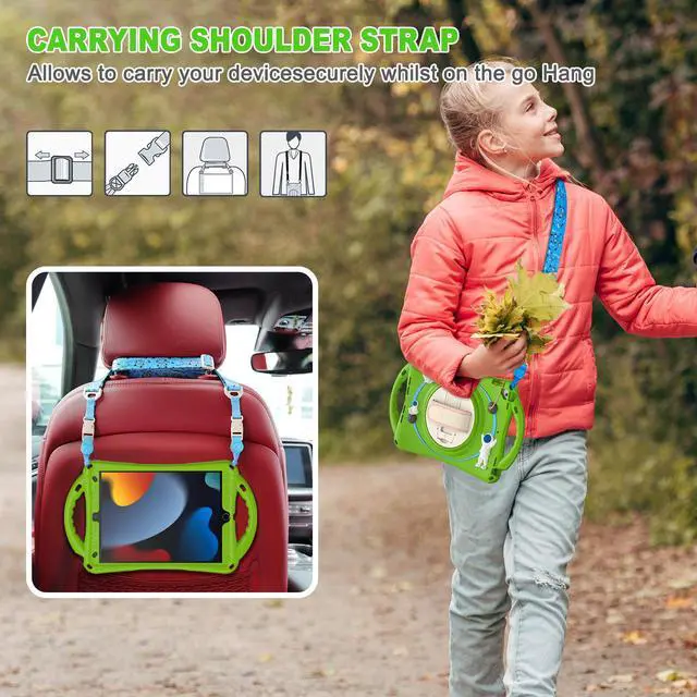 Alt view image 7 of 7 - Cute Case for iPad 9th 8th 7th Generation 10.2", Shockproof Silicone Astronaut Cover with Stand, Shoulder Strap, Handle Grip, Pencil Holder for iPad 10.2 Inch 2021 2020 2019,iPad Pro 10.5, Air 3 Green