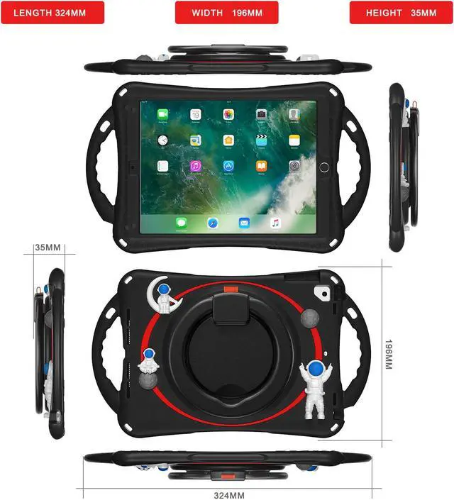 Alt view image 7 of 7 - Shockproof Cute Case for iPad 6th 5th Generation 9.7 inch 2018 2017, Air 2, Air 1, Pro 9.7, Silicone Astronaut Cover with Stand Shoulder Strap, Handle Grip, Pencil Holder