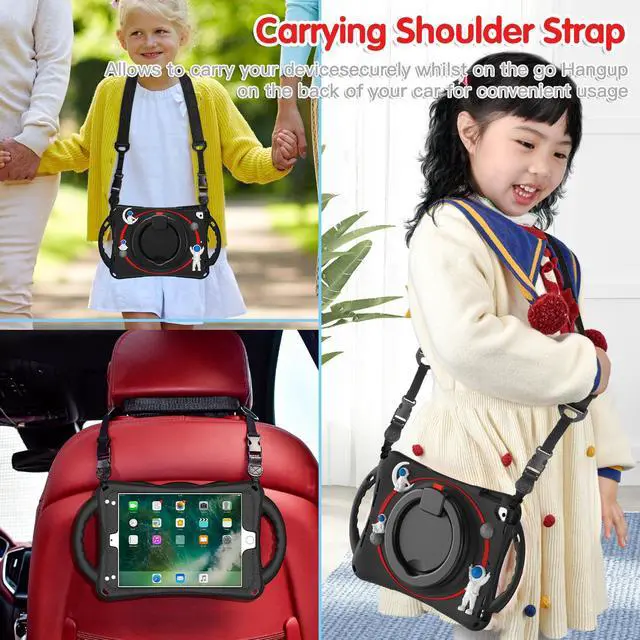 Alt view image 6 of 7 - Shockproof Cute Case for iPad 6th 5th Generation 9.7 inch 2018 2017, Air 2, Air 1, Pro 9.7, Silicone Astronaut Cover with Stand Shoulder Strap, Handle Grip, Pencil Holder