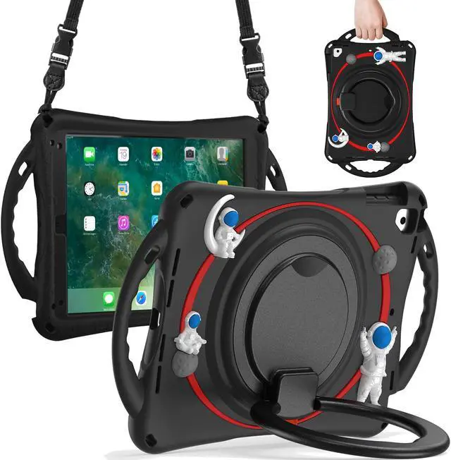 Main image of Shockproof Cute Case for iPad 6th 5th Generation 9.7 inch 2018 2017, Air 2, Air 1, Pro 9.7, Silicone Astronaut Cover with Stand Shoulder Strap, Handle Grip, Pencil Holder