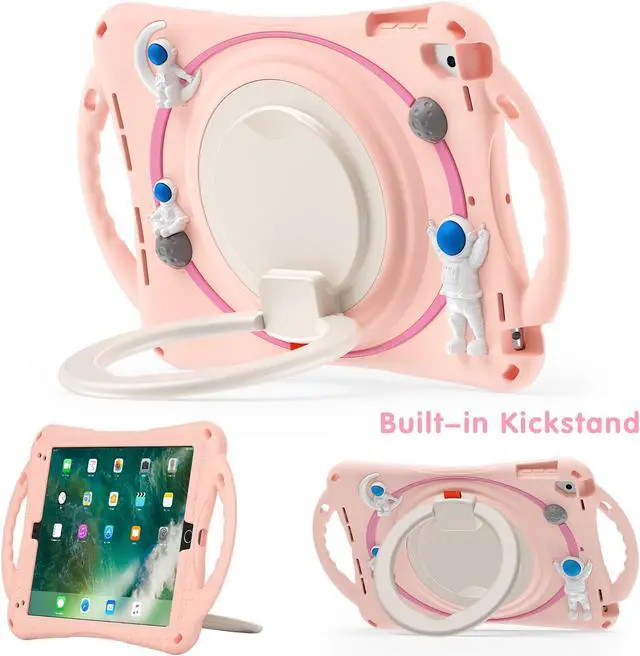 Alt view image 3 of 7 - Shockproof Cute Case for iPad 6th 5th Generation 9.7 inch 2018 2017, Air 2, Air 1, Pro 9.7, Silicone Astronaut Cover with Stand Shoulder Strap, Handle Grip, Pencil Holder Pink