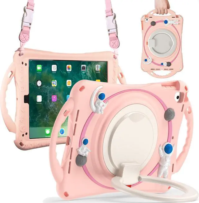 Main image of Shockproof Cute Case for iPad 6th 5th Generation 9.7 inch 2018 2017, Air 2, Air 1, Pro 9.7, Silicone Astronaut Cover with Stand Shoulder Strap, Handle Grip, Pencil Holder Pink