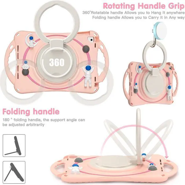 Alt view image 2 of 7 - Shockproof Cute Case for iPad 6th 5th Generation 9.7 inch 2018 2017, Air 2, Air 1, Pro 9.7, Silicone Astronaut Cover with Stand Shoulder Strap, Handle Grip, Pencil Holder Pink