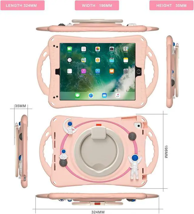 Alt view image 7 of 7 - Shockproof Cute Case for iPad 6th 5th Generation 9.7 inch 2018 2017, Air 2, Air 1, Pro 9.7, Silicone Astronaut Cover with Stand Shoulder Strap, Handle Grip, Pencil Holder Pink