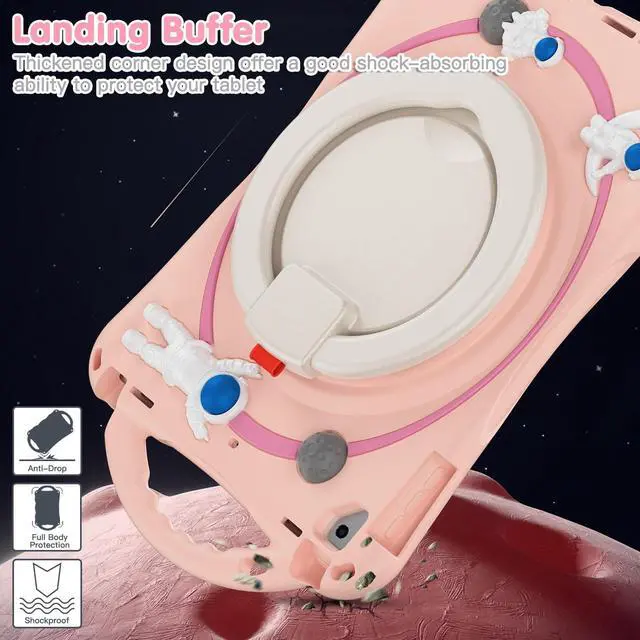 Alt view image 4 of 7 - Shockproof Cute Case for iPad 6th 5th Generation 9.7 inch 2018 2017, Air 2, Air 1, Pro 9.7, Silicone Astronaut Cover with Stand Shoulder Strap, Handle Grip, Pencil Holder Pink