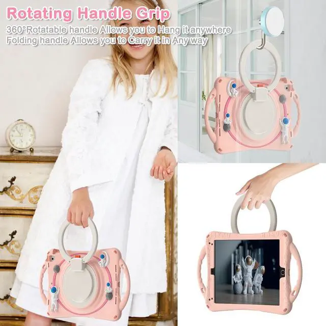 Alt view image 5 of 7 - Shockproof Cute Case for iPad 6th 5th Generation 9.7 inch 2018 2017, Air 2, Air 1, Pro 9.7, Silicone Astronaut Cover with Stand Shoulder Strap, Handle Grip, Pencil Holder Pink