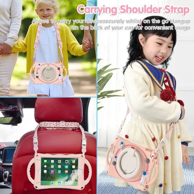 Alt view image 6 of 7 - Shockproof Cute Case for iPad 6th 5th Generation 9.7 inch 2018 2017, Air 2, Air 1, Pro 9.7, Silicone Astronaut Cover with Stand Shoulder Strap, Handle Grip, Pencil Holder Pink