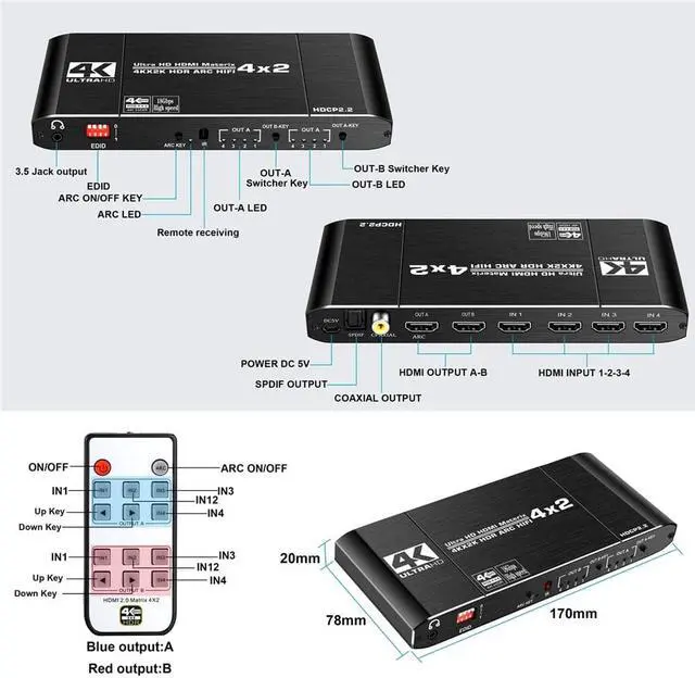 Alt view image 6 of 7 - 4K@60Hz 4x2 HDMI Audio Extractor Matrix Switch Splitter, with Optical Toslink SPDIF+Coaxial+3.5mm Audio Out+IR Remote, Supports HDCP2.2 HDMI2.0, Ultra HD, 3D, ARC, EDID, HDR for PS5 Xbox