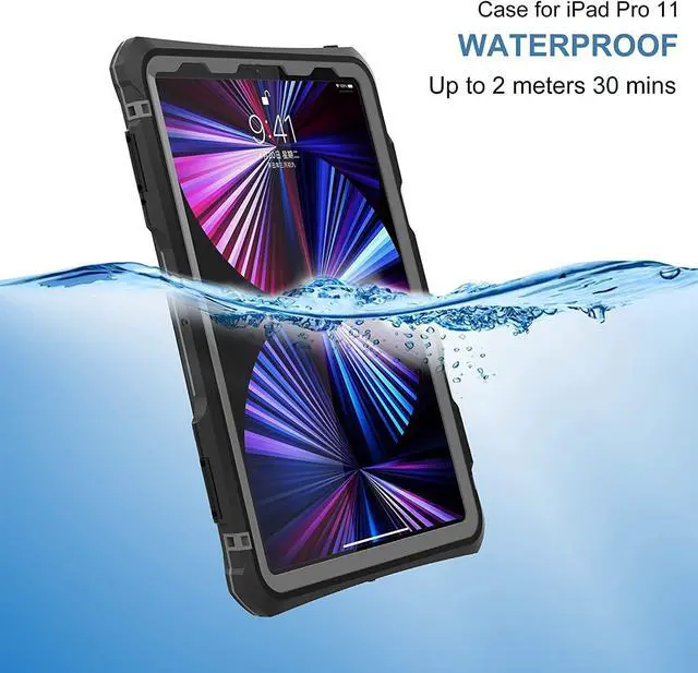 Alt view image 2 of 7 - Waterproof Case For iPad Pro 11 inch 2022 2021 2020 4th/3rd/2nd Generation, Full-Body Heavy Duty Shockproof Protective Cover with Kickstand Built-in Screen Protector Pencil Holder Shoulder Strap