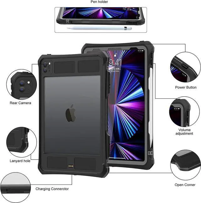 Alt view image 5 of 7 - Waterproof Case For iPad Pro 11 inch 2022 2021 2020 4th/3rd/2nd Generation, Full-Body Heavy Duty Shockproof Protective Cover with Kickstand Built-in Screen Protector Pencil Holder Shoulder Strap