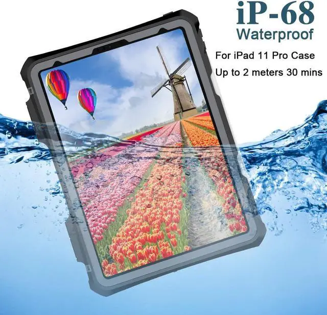 Alt view image 2 of 7 - Waterproof Case for iPad Pro 11 inch 2020 2021 2022 Full Body Protection Shockproof Dustproof Cover with Stand Strap Built in Screen Protector Pen Holder
