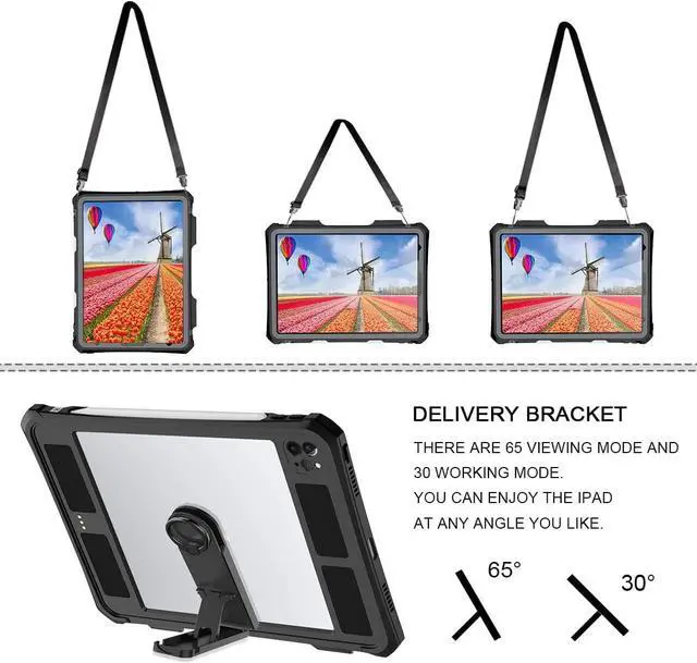 Alt view image 5 of 7 - Waterproof Case for iPad Pro 11 inch 2020 2021 2022 Full Body Protection Shockproof Dustproof Cover with Stand Strap Built in Screen Protector Pen Holder