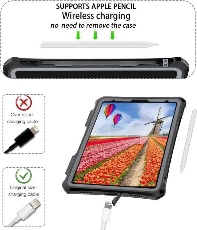 Alt view image 6 of 7 - Waterproof Case for iPad Pro 11 inch 2020 2021 2022 Full Body Protection Shockproof Dustproof Cover with Stand Strap Built in Screen Protector Pen Holder