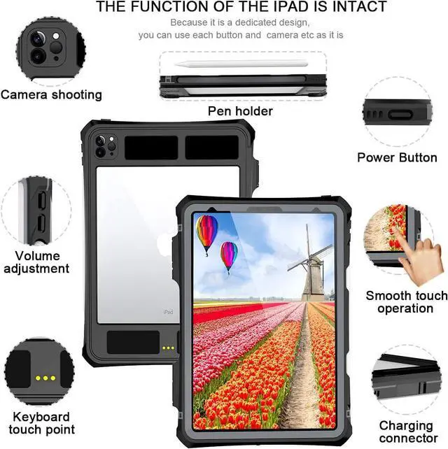 Alt view image 7 of 7 - Waterproof Case for iPad Pro 11 inch 2020 2021 2022 Full Body Protection Shockproof Dustproof Cover with Stand Strap Built in Screen Protector Pen Holder