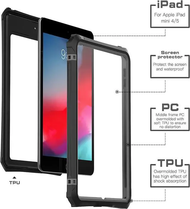 Alt view image 3 of 7 - Protective Case for iPad Mini 5 / Mini 4 7.9 Inches, IP68 Waterproof Dustproof Heavy Duty Shockproof Cover with Pencil Holder, Folding Kickstand, built-in Screen Protector, Shoulder Strap