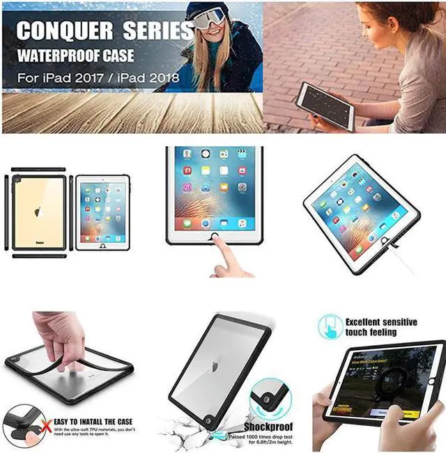 Alt view image 5 of 6 - iPad 9.7 inch 2017 2018 Waterproof Case, IP68 Waterproof 360 Degree All Round Protective Ultra Slim Thin Dust / Snow Proof with Shoulder Strap Shockproof Cover for Apple iPad 5th 6th Generation
