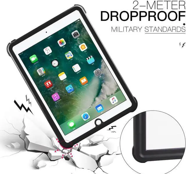 Alt view image 3 of 7 - Waterproof Case for iPad 6th/5th Generation, iPad 9.7 Inch 2018 2017 Full Body Protection Shockproof Dustproof Cover with KickStand, Shoulder Strap Built in Screen Protector