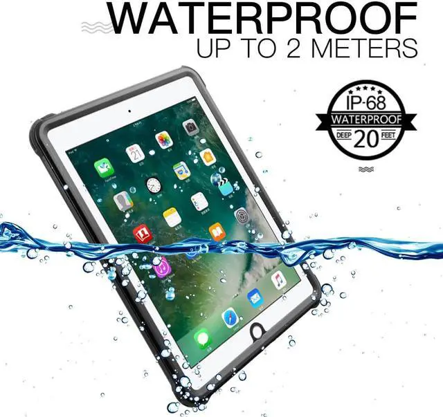 Alt view image 2 of 7 - Waterproof Case for iPad 6th/5th Generation, iPad 9.7 Inch 2018 2017 Full Body Protection Shockproof Dustproof Cover with KickStand, Shoulder Strap Built in Screen Protector