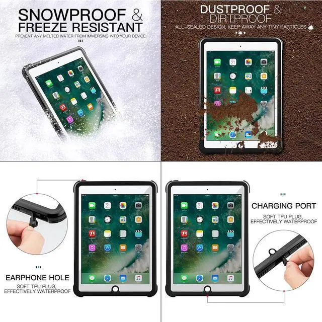 Alt view image 7 of 7 - Waterproof Case for iPad 6th/5th Generation, iPad 9.7 Inch 2018 2017 Full Body Protection Shockproof Dustproof Cover with KickStand, Shoulder Strap Built in Screen Protector