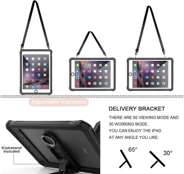 Alt view image 7 of 7 - iPad Air 3 Case 2019 / iPad Pro 10.5 Waterproof Case Rugged Full Body Protective Transparent Shockproof Cover with Built in Screen Protector, Kickstand, Shoulder strap, Black
