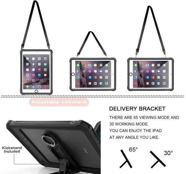 Alt view image 6 of 7 - Waterproof Case for iPad 6th/5th Generation, iPad 9.7 Inch 2018 2017 Full Body Protection Shockproof Dustproof Cover with KickStand, Shoulder Strap Built in Screen Protector