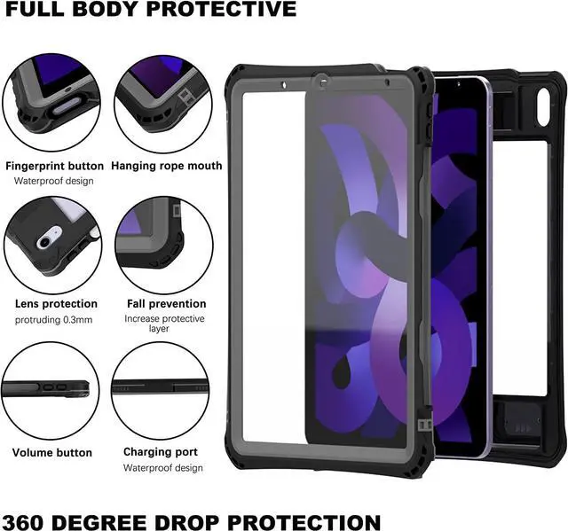 Alt view image 2 of 7 - iPad Air 5th Gen 2022 / Air 4th Gen 2020 Shockproof Case, Waterproof Shockproof Snow Proof Dirt Proof Heavy Duty Rugged Protective Cover with Pencil Holder Shoulder Strap Kickstand Keyboard Interface,
