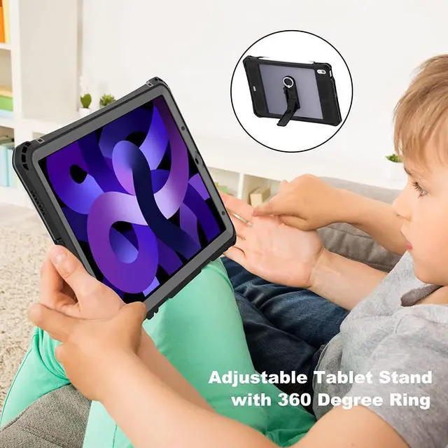 Alt view image 4 of 7 - iPad Air 5th Gen 2022 / Air 4th Gen 2020 Shockproof Case, Waterproof Shockproof Snow Proof Dirt Proof Heavy Duty Rugged Protective Cover with Pencil Holder Shoulder Strap Kickstand Keyboard Interface,