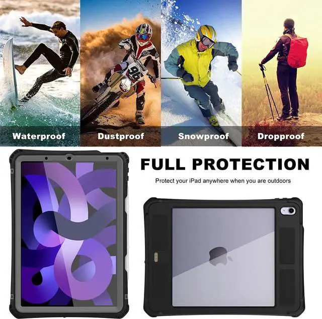 Alt view image 6 of 7 - iPad Air 5th Gen 2022 / Air 4th Gen 2020 Shockproof Case, Waterproof Shockproof Snow Proof Dirt Proof Heavy Duty Rugged Protective Cover with Pencil Holder Shoulder Strap Kickstand Keyboard Interface,