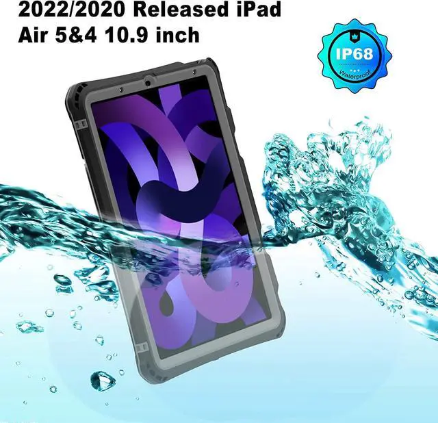 Alt view image 7 of 7 - iPad Air 5th Gen 2022 / Air 4th Gen 2020 Shockproof Case, Waterproof Shockproof Snow Proof Dirt Proof Heavy Duty Rugged Protective Cover with Pencil Holder Shoulder Strap Kickstand Keyboard Interface,
