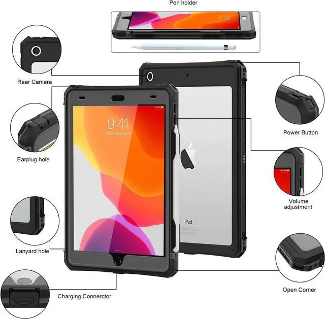 Alt view image 5 of 7 - iPad 10.2 9th / 8th / 7th Generation Waterproof Case, Full-Body Heavy Duty Shockproof Protective Cover with Built-in Screen Protector, Kickstand, Shoulder Strap for iPad 10.2 2021 / 2020 / 2019