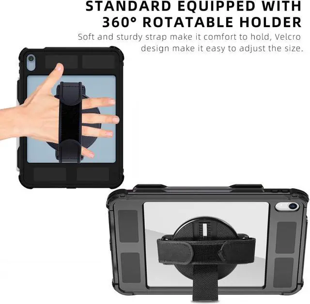 Alt view image 3 of 7 - iPad 10th Generation 10.9 inch Waterproof Case 2022, Heavy Duty Shockproof Cover with Pencil Holder + Rotating Stand + Handle + Shoulder Strap